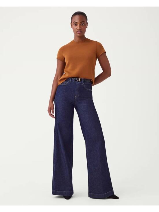 SPANX Denim - Spanx‎ Wide Leg Pull On Jeans Raw Indigo Dark Wash Stretch Hi Rise Womens Large